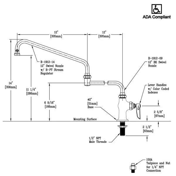 T&S Brass And Bronze Works T&S B-0319 Single Hole Deck Mount Single Pantry Mixing Faucet With Single Supply And 24" Double Joint Nozzle 4 T&S Brass And Bronze Works T&S B-0319 Single Hole Deck Mount Single Pantry Mixing Faucet With Single Supply And 24" Double Joint Nozzle - Image 2