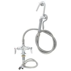 T&S Brass And Bronze Works T&S B-0300-WD Deck Mounted Pre-Rinse Faucet With Flex Inlets, Angled Low Flow Spray Valve, 60" Hose, Vacuum Breaker, And Wall Hook