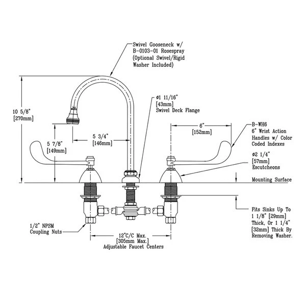 T&S Brass And Bronze Works T&S B-0866-L Deck Mount Mixing Faucet With 12" Adjustable Centers, 5 3/4" Gooseneck, And 6" Wrist Action Handles 4 T&S Brass And Bronze Works T&S B-0866-L Deck Mount Mixing Faucet With 12" Adjustable Centers, 5 3/4" Gooseneck, And 6" Wrist Action Handles - Image 2