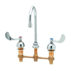 T&S Brass And Bronze Works T&S B-2862-LF16-WH4 Deck Mount Easy Install Faucet With 8" Centers, 8 3/4" Gooseneck, 4" Wrist Action Handles, And Quarter Turn Eterna Cartridges